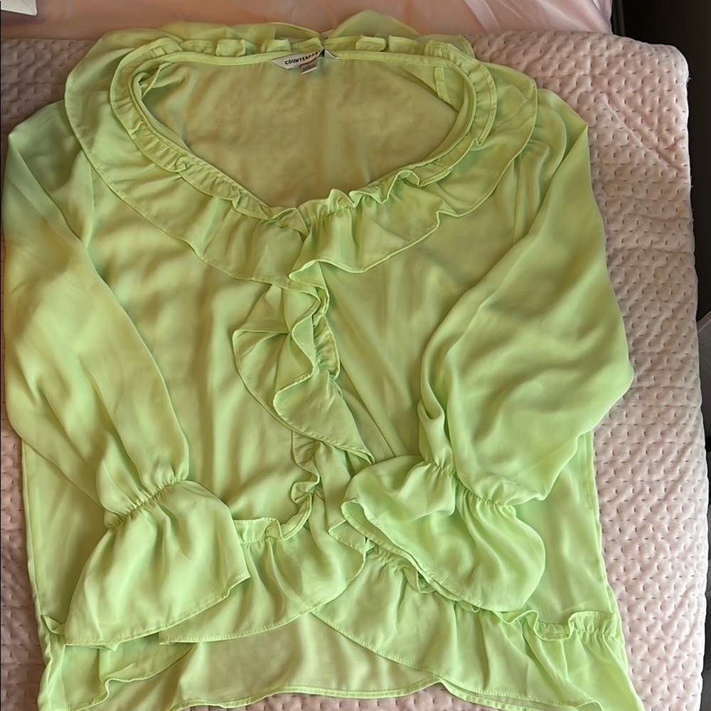 Counterparts Green Sheer Ruffled Blouse 3/4 Sleeve